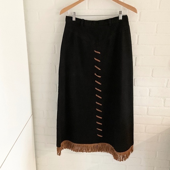 Vintage Maxi Denim Skirt Western Native Black Brown Suede Fringe Trim 12 - Picture 12 of 12